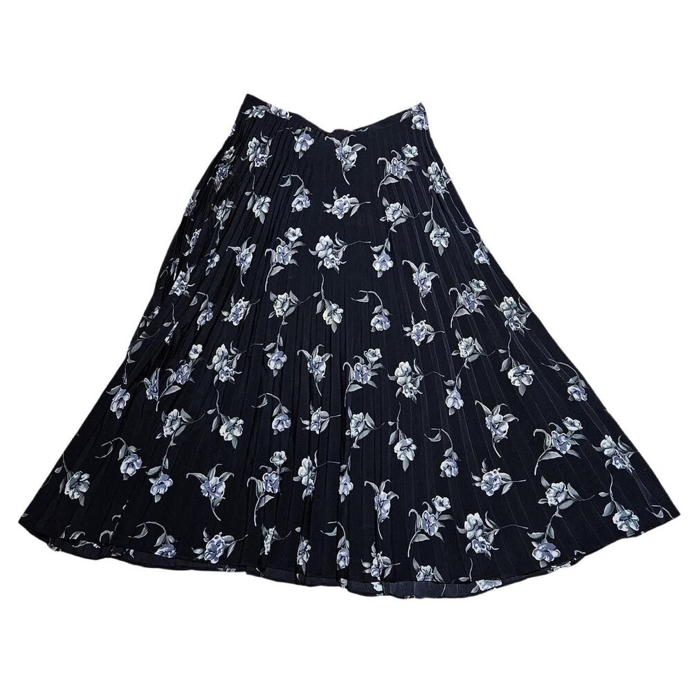90s whimsigoth witchy black gray floral pleated midi maxi skirt
